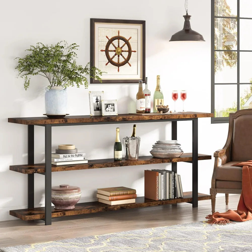 Extra Long Console Table with 3 Tier Storage Shelves for Entryway, Hallway, Living Room