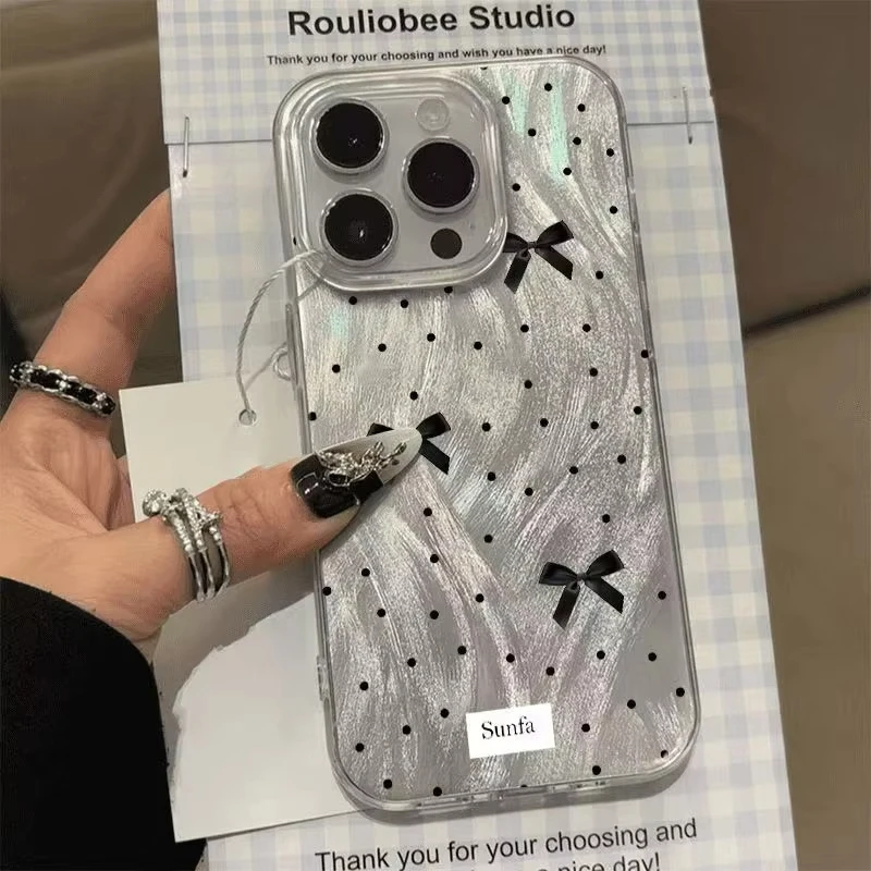 Black Polka Dot Bow Phone Case - Y2K-Inspired Hard Cover