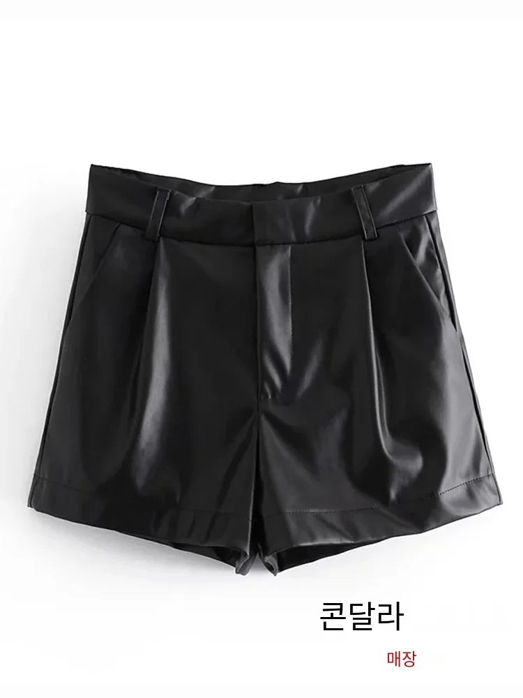 콘달라 2025 여성용 빈티지 PU 가죽 반바지 하이웨이스트 언디파인드 드레이프 팬츠 여성 오피스룩 반바지