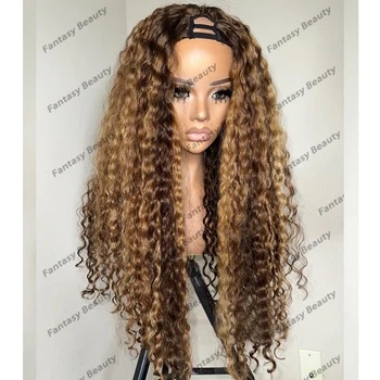 Long 30Inches Highlight #4/#27 Honey Blonde 1x4 Opening U Part Wigs 100% Human Hair Full Ends Glueless 200Density V Part Wigs