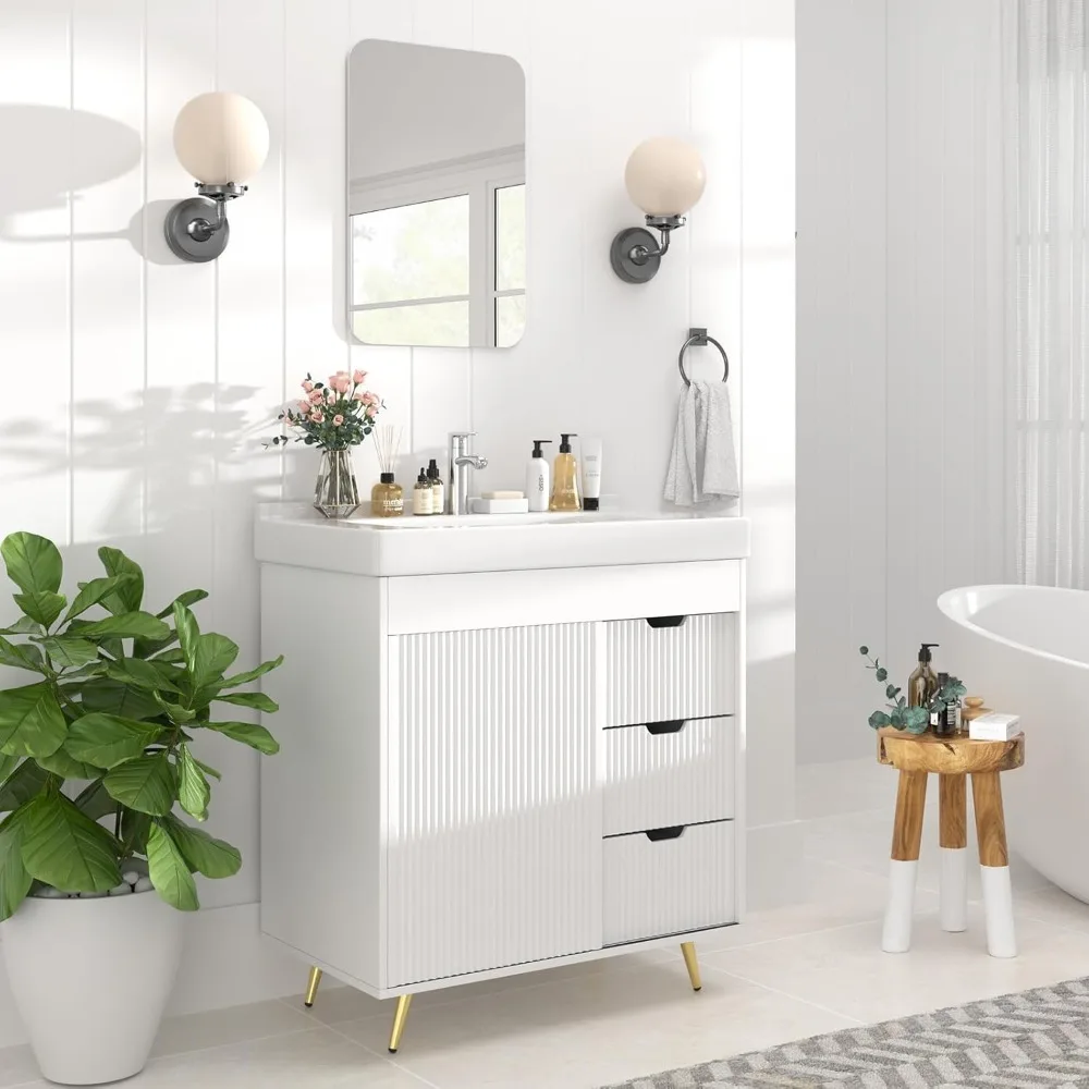 Bathroom Vanity with Sink, 31'' White Bathroom Sink Cabinet with Glide Door and 3 Drawers, Ceramic Sink Vanity Modern 2