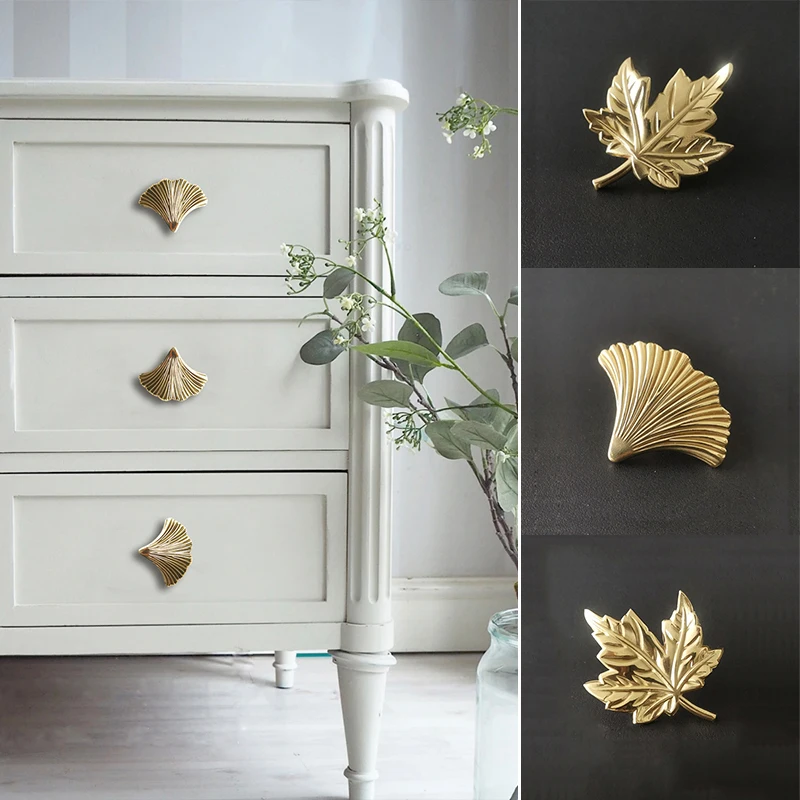 Maple Leaf Ginkgo Handles Door Knobs Brass for Kitchen Furniture Cupboard Drawer Dresser