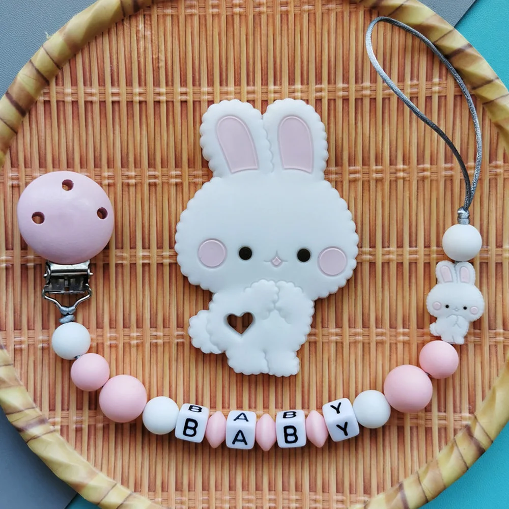 цена Custom English Russian alphabet names Baby Silicone Rabbit Pacifier Chains Clips Bead Pendants Toy Teether Kawaii Creative Gifts