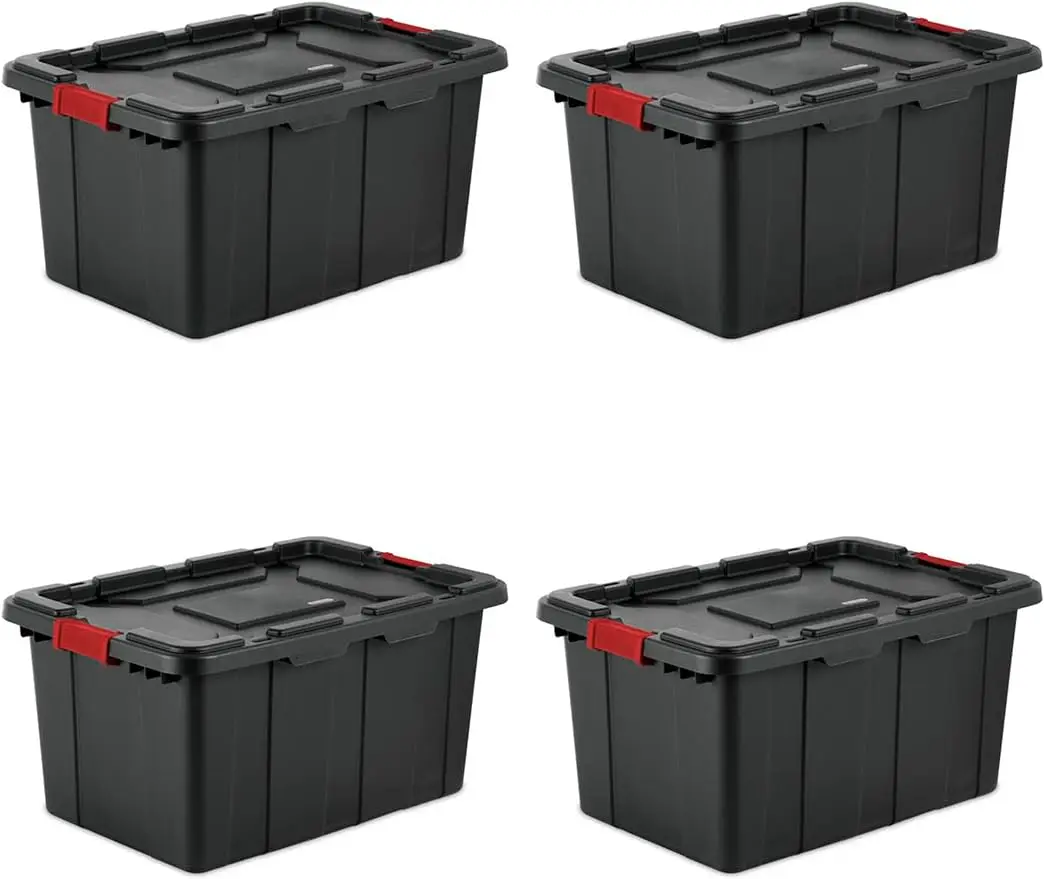 

27 Gal Industrial Tote, Stackable Storage Bin with Latching Lid, Plastic Container with Heavy Duty Latches, Black Base