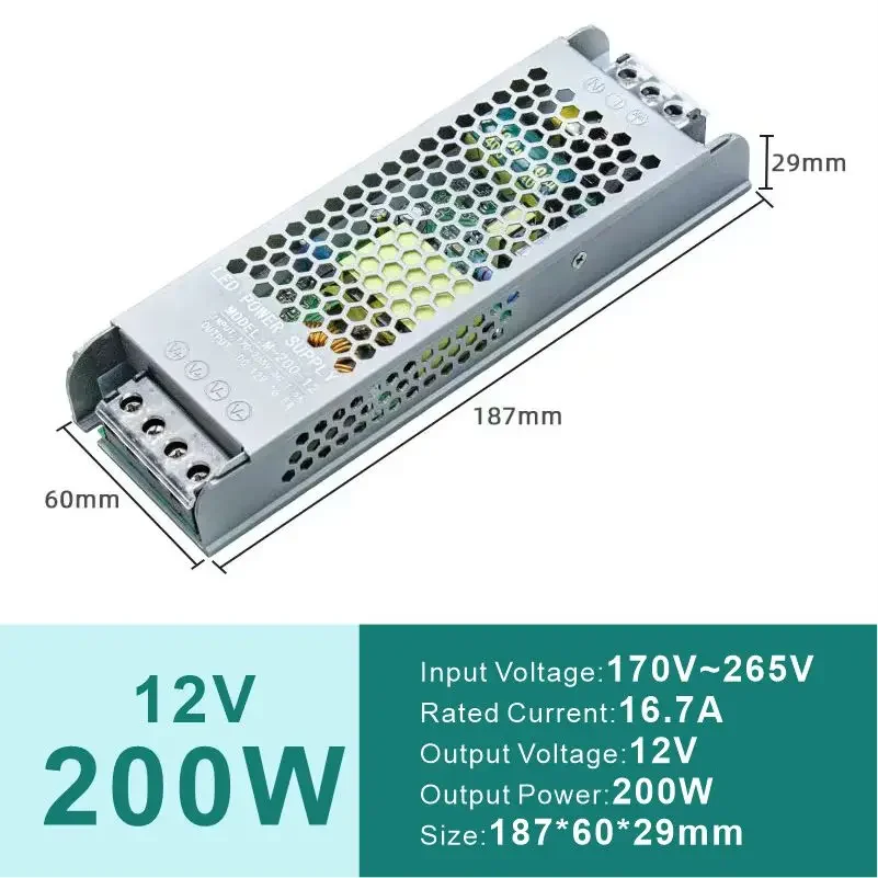 슬림 LED 드라이버 어댑터, AC170-265V to DC, 스트립 조명 변압기, 12V, 24V, 60W-400W