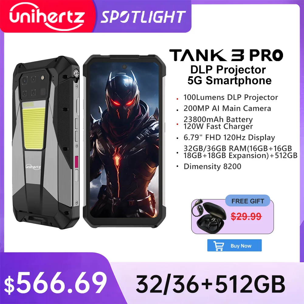 Unihertz-Tank 3 pro 8849,100ルーメン,120hzプロジェクター,32gb,36gb 