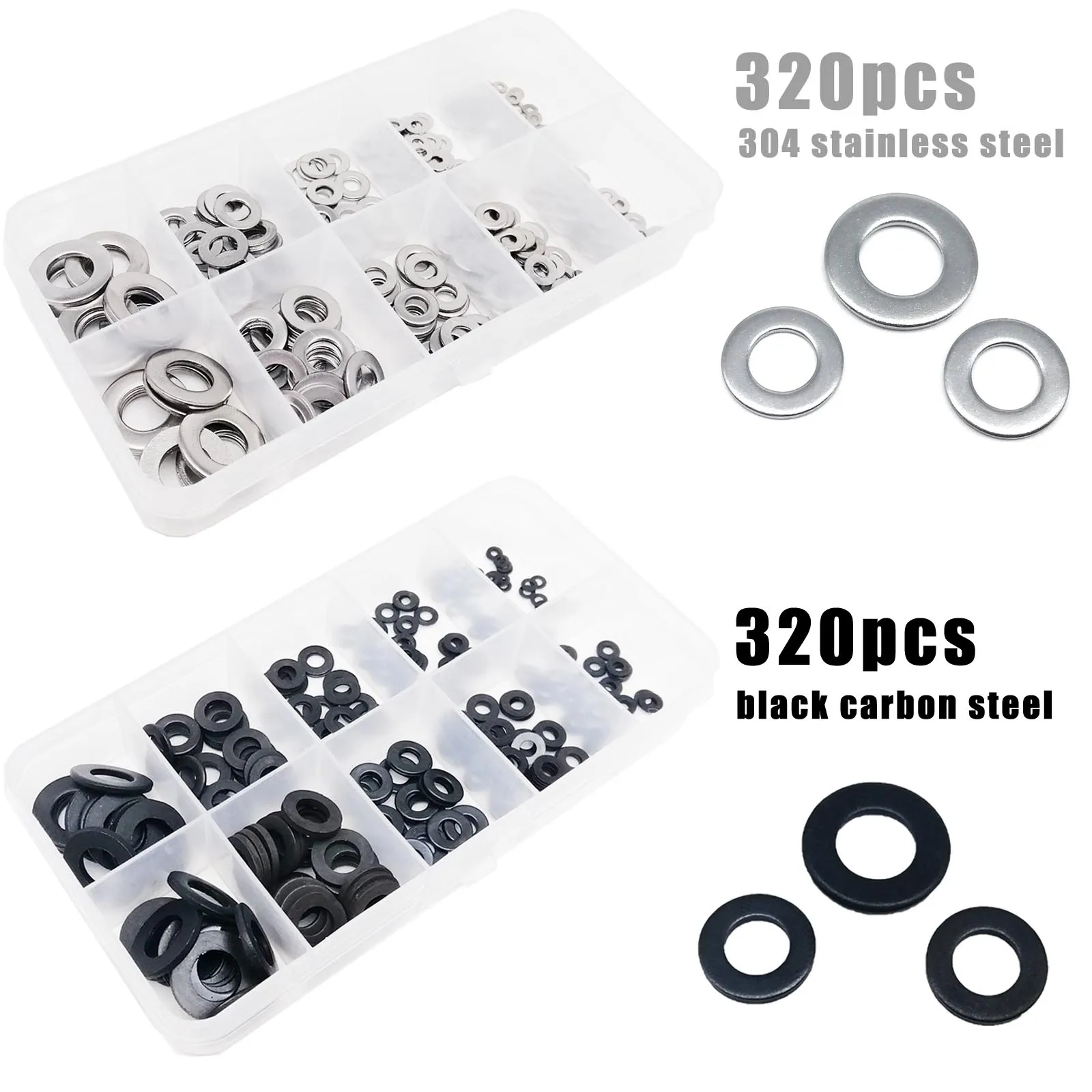 320pcs GB97 Plain Gasket Ring Flat Washer Mix Size Assortment Kit Box M1.6M2M2.5M3M3.5M4M5M6M8 304 Stainless Steel Black Steel