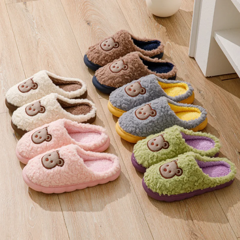 Women Winter Warm Home Slippers Thicken Indoor Cute Bear Plush Floor Slides Non-slip Fur Cotton Shoes Ladies Couples Slippers 6