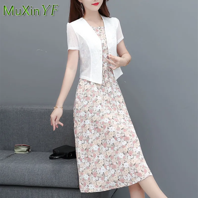 Women's Summer Floral Chiffon Dress Set 2022 Korean Elegant Scarf Midi Skirt 2 Piece Female Sun Protection Clothing Dresses Suit