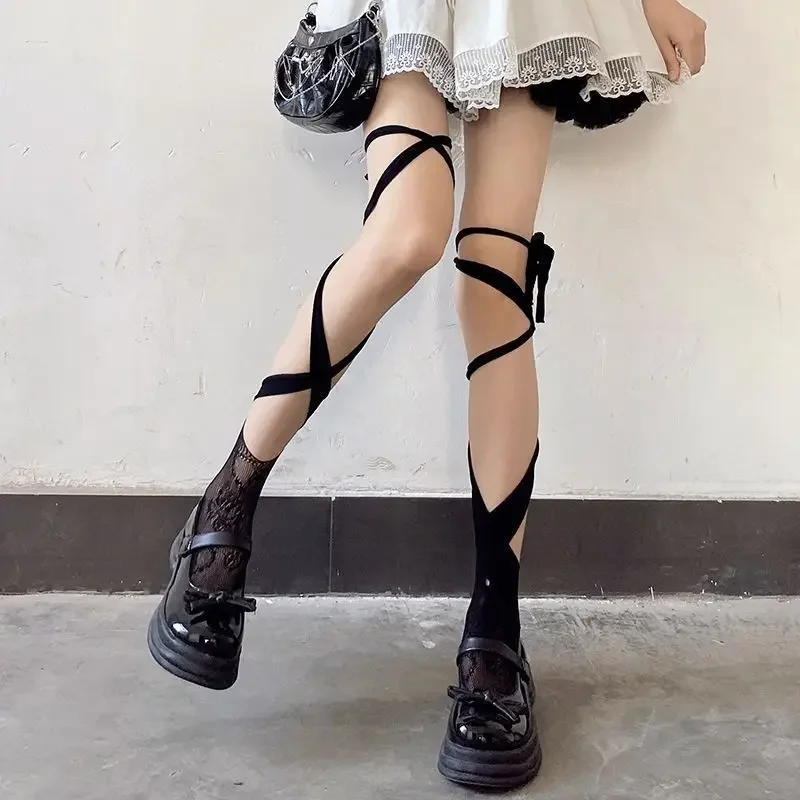 Women's Jk Tie Lace Fishnet Stockings Irregular Split-toe Calf Socks Middle Tube Socks Straps Summer Sexy Long Japanese Socks