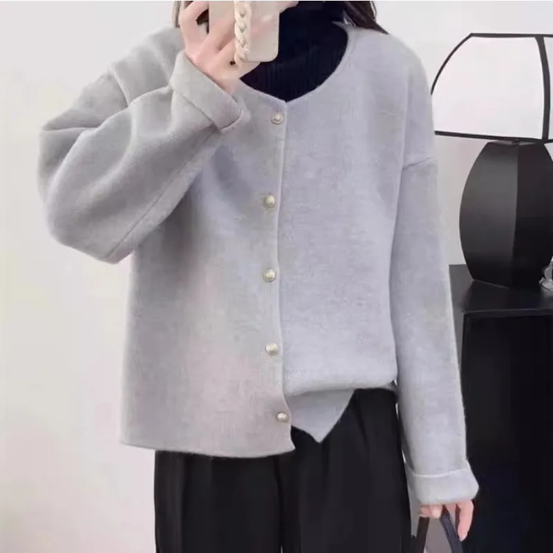 Autumn and Winter New Crew Neck Women's Cardigan Sweater Korean Style Solid Color Women's Knitwear Single-breasted Jacket