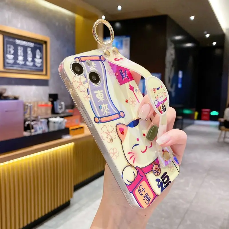 Rhinestone Powder Lucky Cat Wrist Belt Crossbody Case for iPhone 14 Plus 14 Pro 13 Promax 12 11 Xsmax Xr Xs Cute Girl Case