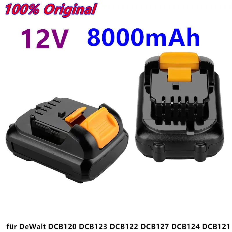 

2022 12V 8,0 Ah Lithium-ionen Max Batterie Ersatz für DeWalt DCB120 DCB123 DCB122 DCB127 DCB124 DCB121 Akkus