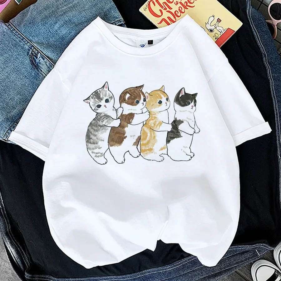 Camiseta Kawaii con estampado de tiburón y gato para mujer, remera coreana  Harajuku de manga corta, playera con estampado de animales divertidos 2024