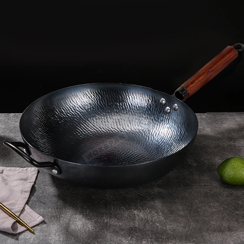 

32/34cm Fish Scale Iron Wok Hand Hammered Traditional Cookware Kitchen Uncoated Wok Suitable for Gas Stove Induction Cooker Wok