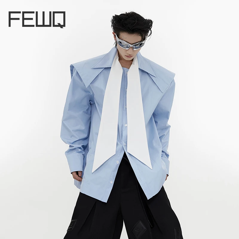 

FEWQ Men's Long Sleeve Shirts Niche Design Shawl And Tie Shirt Fake Two Spliced Top Autumn Male Cardigan Fashion 2023 New 9C1707