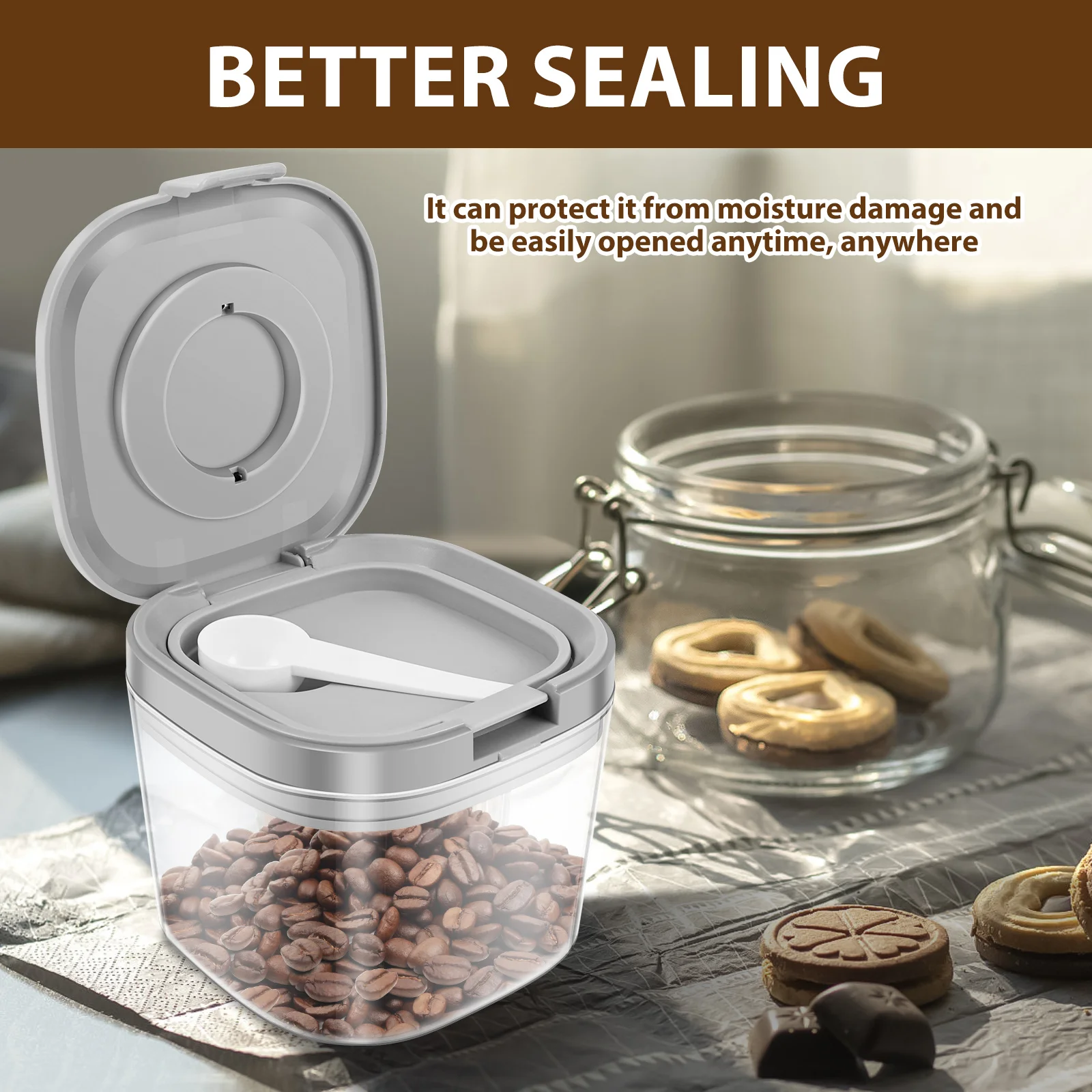 2Pcs Food Storage Jar ABS Airtight Coffee Canister with Scoop Stackable Coffee Bean Storage Container for Tea Sugar Flour Cereal