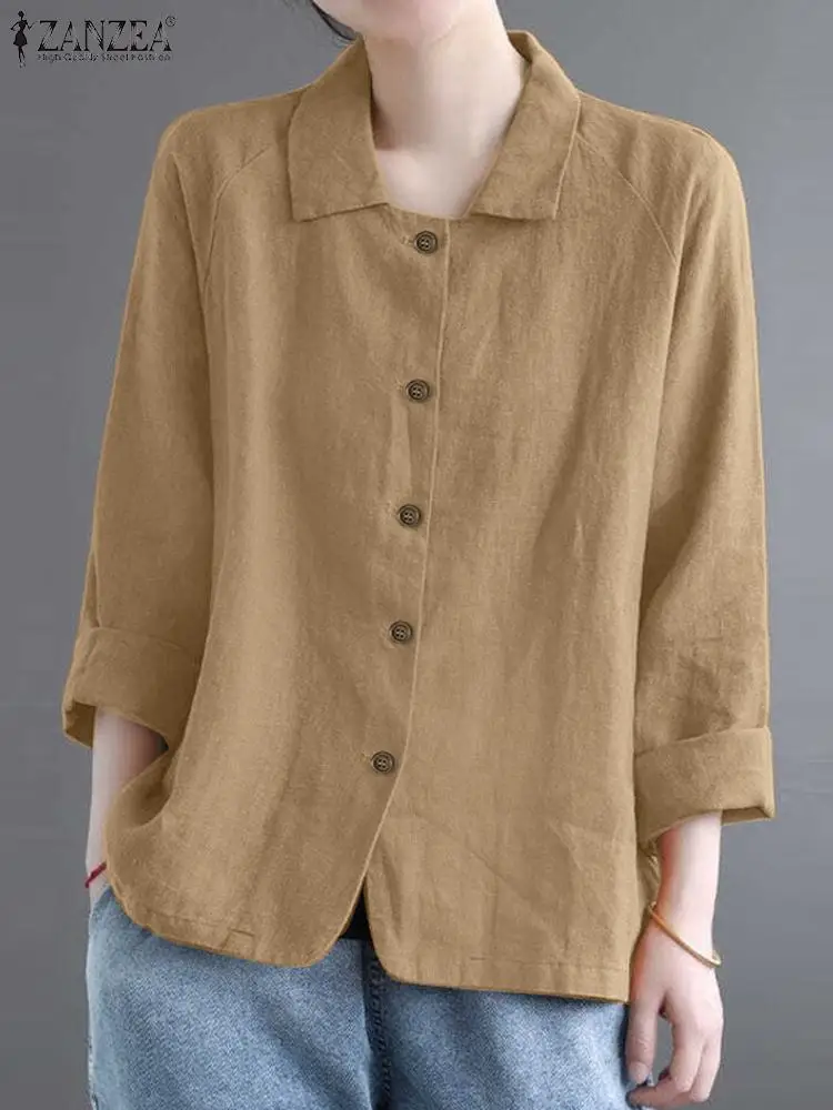 

Женская Повседневная Однотонная рубашка ZANZEA, осенняя модная офисная блузка с длинным рукавом и отложным воротником, винтажная уличная рубашка оверсайз, 2024