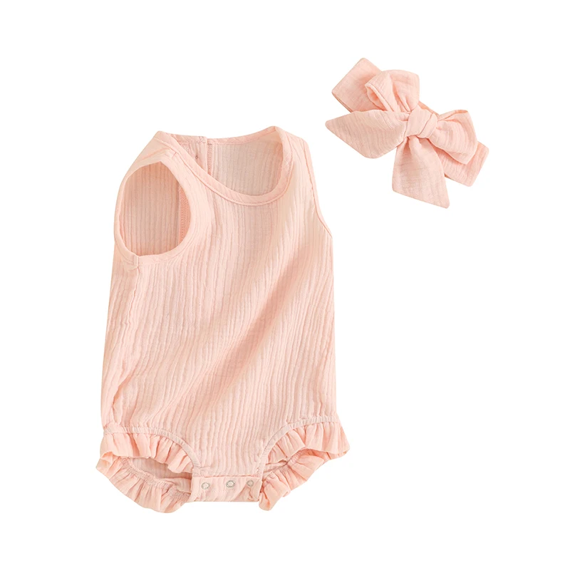 

Infant Newborn Baby Girls Summer Clothes Sleeveless Romper Solid Ruffle Bodysuit Outifts with Headband