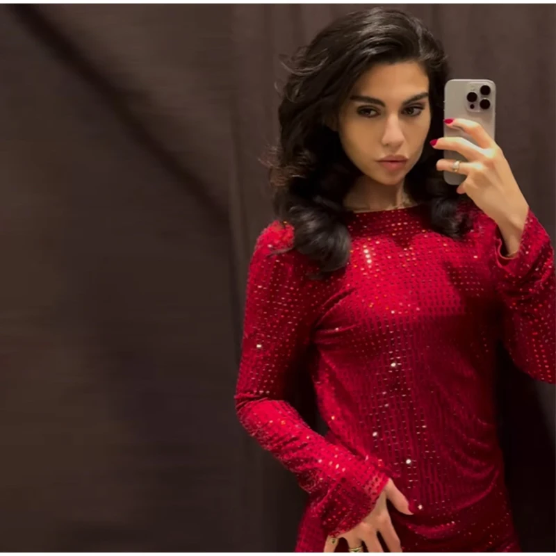 Sexy Sequins Backless Red Christmas Mini Dress Shiny O-neck Long Sleeve Dresses Female New Lady Slim Party Club Gowns