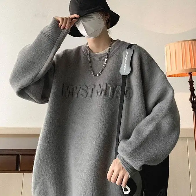 Fashion Autumn Winter Men's Cool Boy Casual Loose Tess Knitted Pullover Sweater Soft Warm Solid  Alphabet