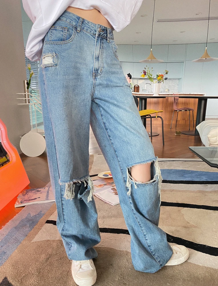 black ripped jeans 2022 spring new style ripped jeans straight tube loose high waist show thin wide leg mopping pants daddy pants women black mom jeans