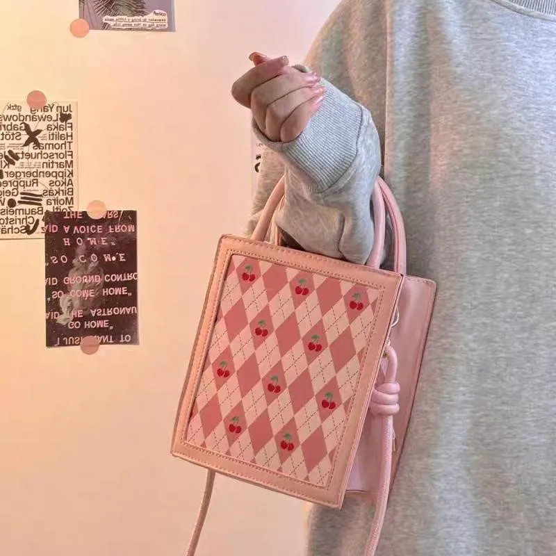 Sweet Cute Cherry Pink Handbag Women Diamond Pattern Square Large Capacity Shoulder Bag Ladies Kawaii Everyday Crossbody Bag New