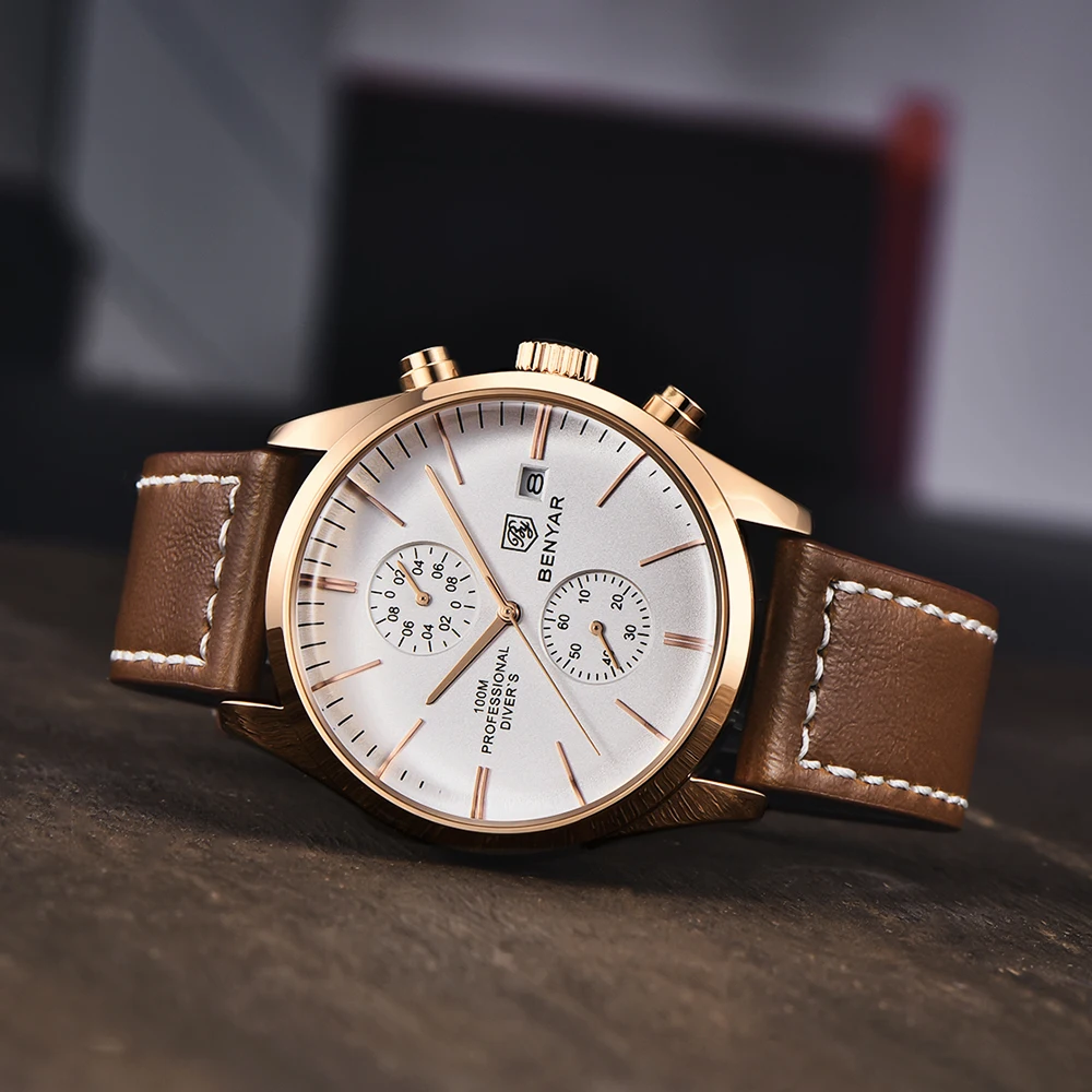 2022 New BENYAR Leather Men Quartz Wristwatches Luxury Brand 100M Waterproof Men Watch Military Sports Chronograph Watch for Men