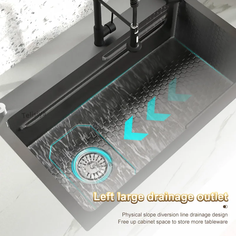 Stainless Steel Kitchen Sink Honeycomb Embossed Large Single Slot Dishwashing Pool Washing Basin Water On The Left Side 2