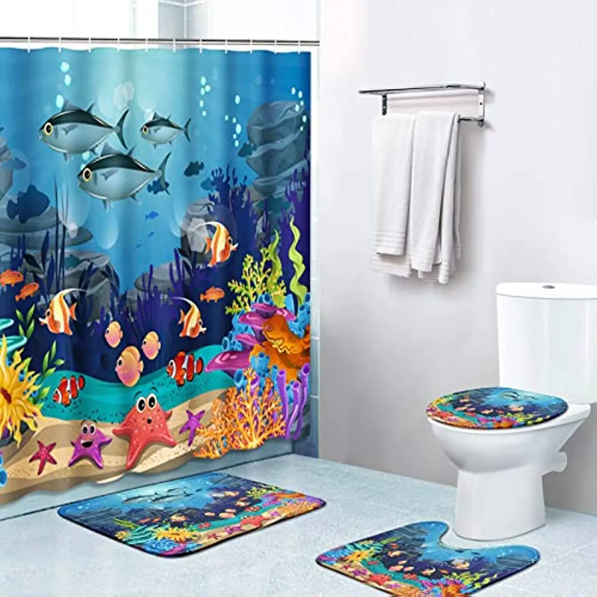 

Seaside Bathroom Set With Shower Curtain And Rugs Blue Ocean with Fish Starfish Coconut Tree Rug Toilet Cover Bathroom Decor Set