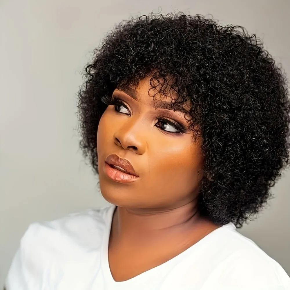 짧은 곱슬머리 가발, 킹키 텍스처의 인모로 제작, 앞머리 포함, 모든 사람을 위한 풀 머신메이드 로즈 넷 캡