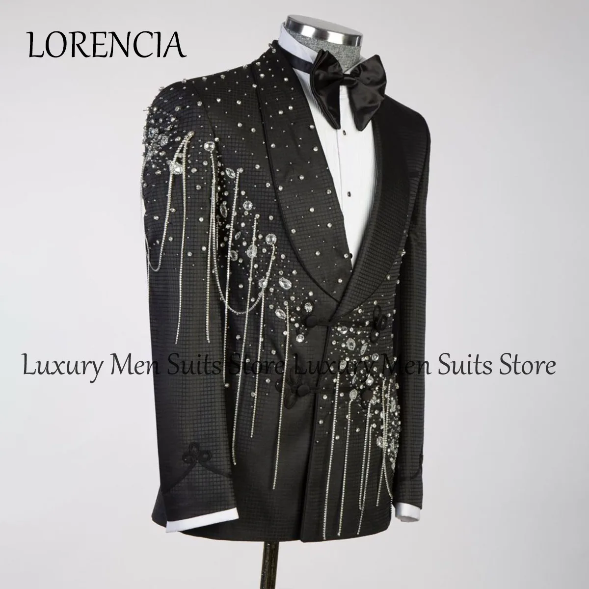 Diamond Tuxedo Men Suits Glitter Lace Groom Wedding 3 Pieces Sets Bridegroom Prom Blazers Slim Fit Costume Homme