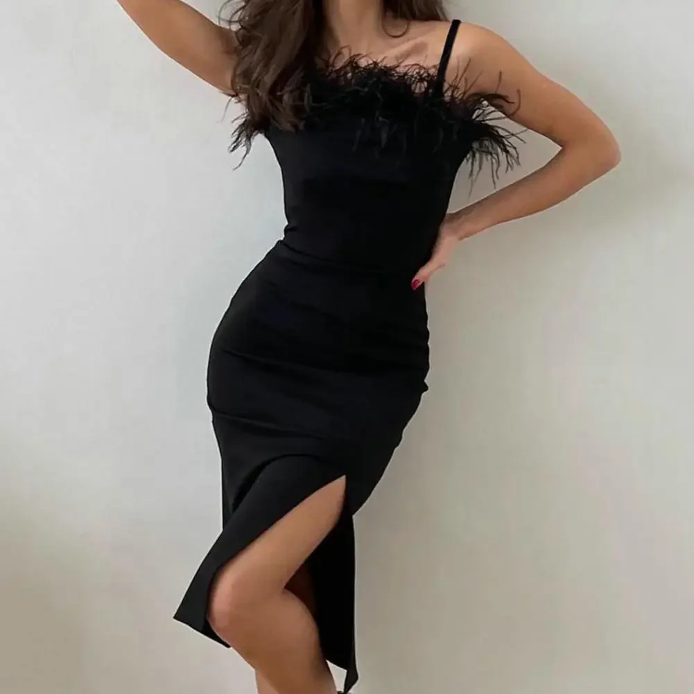 

Off Shoulder Dress Women Backless Feather Stitching Collar High-Waist Hip Wrap Party Sling Side Split Hem Bodycone Midi Dress