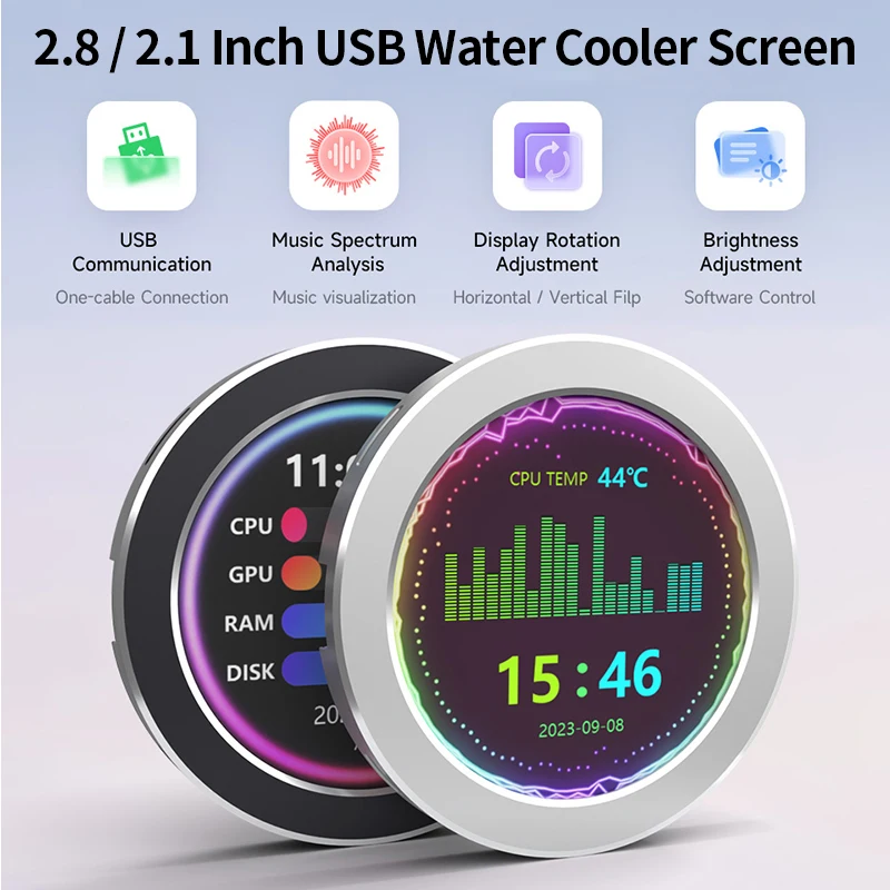 

2.1 / 2.8 Inch USB Water Cooler Screen 480x480 Secondary Screen with Music Spectrum Analysis Function CPU RAM GPU Monitoring