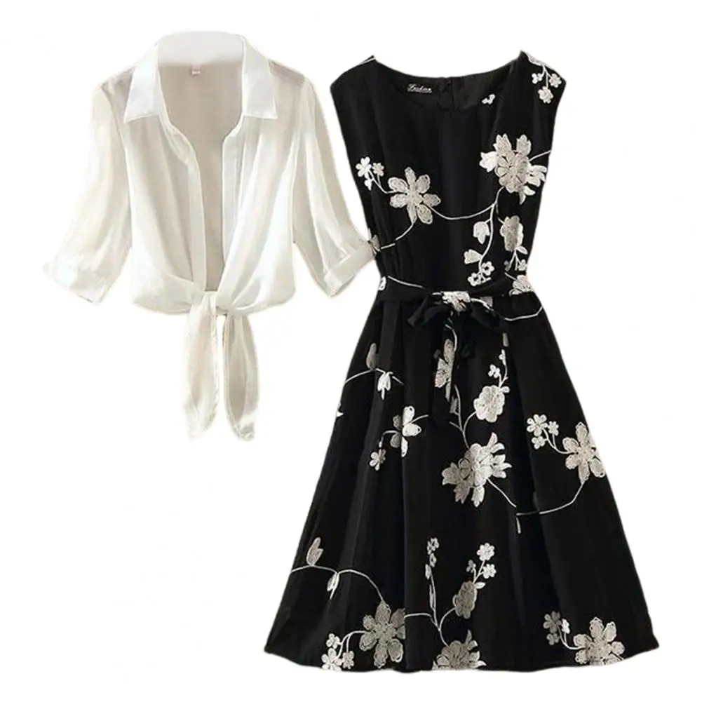 Sleeveless Dress Coat Set Women's Retro Floral Print Dress Set with Lace-up Waist See-through Cardigan Coat Sleeveless A-line