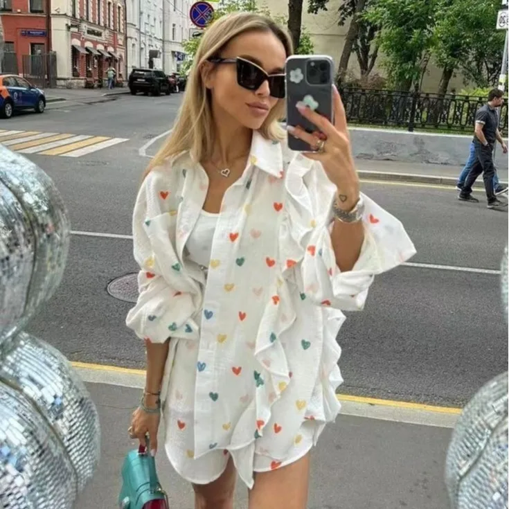 Sweet Lovely Cotton Love Heart Pattern Pajama Sets Pink Sleeved Shorts Sleepwear Two Picec Set for Women's Loungewear Outfits