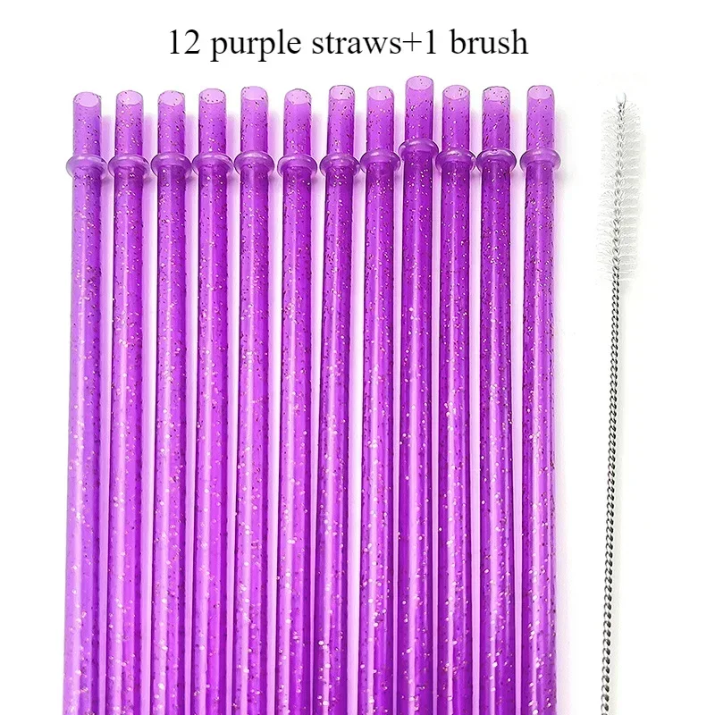 12-Piece Reusable Glitter Plastic Straw Set with Cleaning Brush