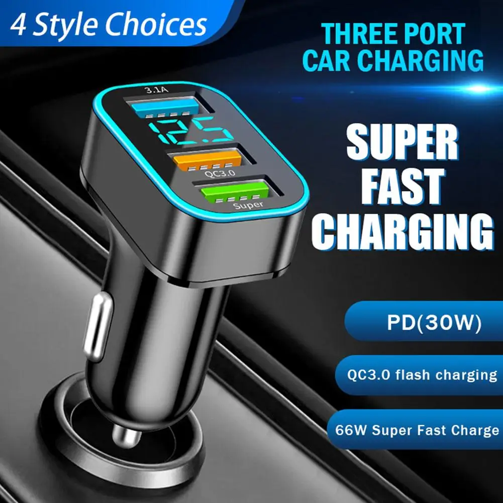 

3 Ports Car Charger 66W Fast Charging QC3.0 PD Cigarette Lighter USB Car Phone Charger In Car Adapter For Iphone Samsung M0V7