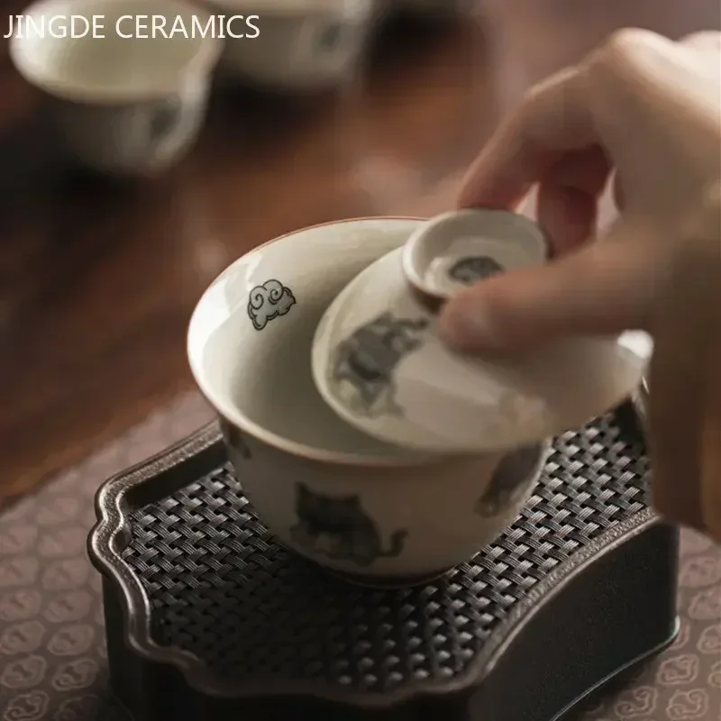 Tea Set 140ml Chinese Style Ceramics Gaiwan Teacup Handmade Tea Infuser