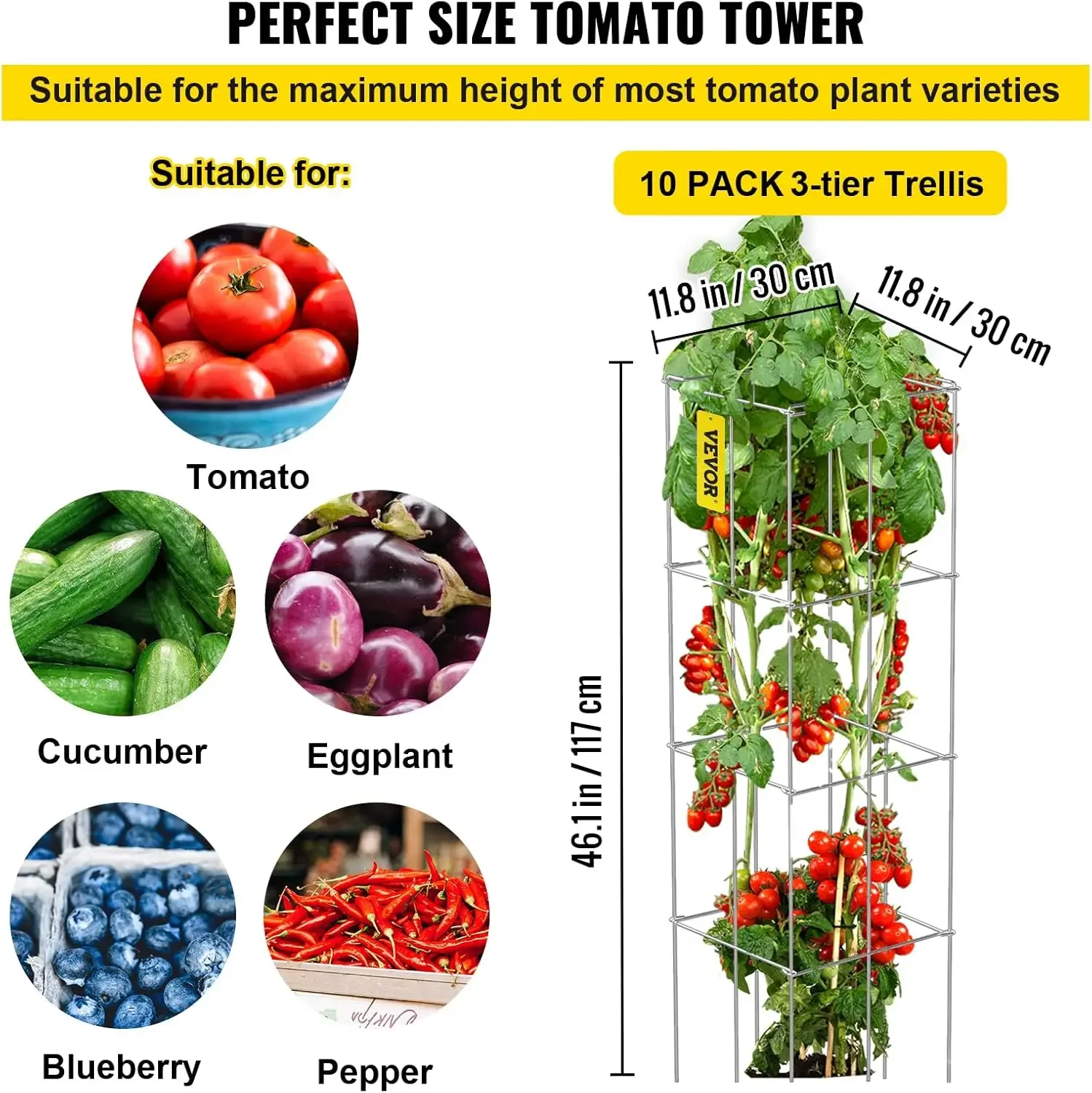 Tomato Cages, 11.8" x 11.8" x 46.1", 10 Packs Square Plant Support Cages, Silver PVC-Coated Steel Tomato Towers for Climbing 3