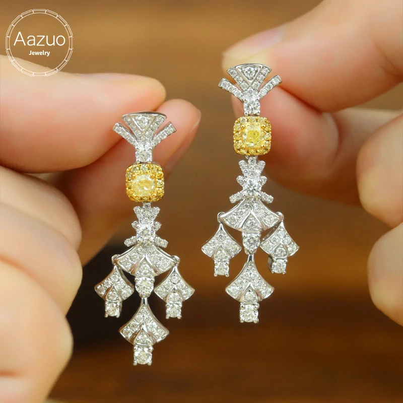 Aazuo 18K High-end Jewelry White&Yellow Diamonds Lovely Flower Stud Earring Gifted For Women Wedding Party Chain Real Gold Au750