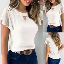 

Top Hollow Women T-shirt Top Out Ruffled Sleeve Marguerite Floral Embroidered Shirt T-shirt Top