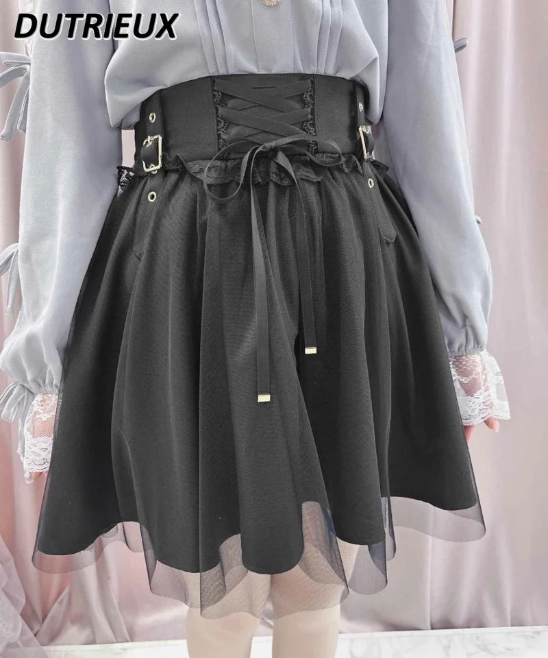 Japanese Single Rojita Skirt Mine Series Mass Production Black Gauze Falda High Waist Sweet Cool Lolita Skirts Bow Pleated Skirt