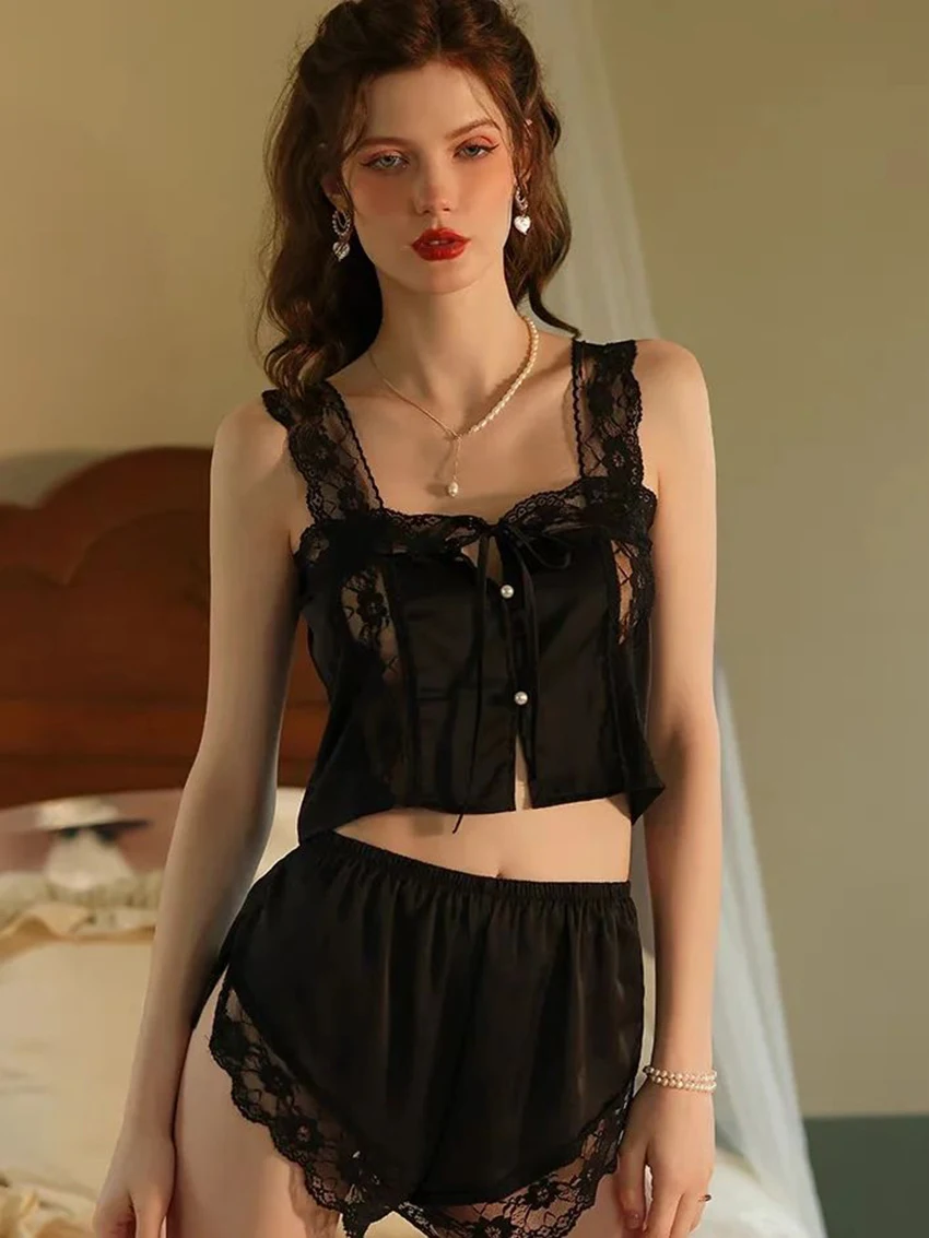 

Marthaqiqiq Sexy Lace Women'S Nightgowns Set Tank Tops Sleepwear Crop Top Pyjamas Lace Up Pajamas Shorts New Home Clothes Ladies