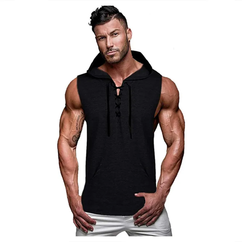 

MRMT 2024 Brand New Men's Casual Hooded Solid Lace Vest Sleeveless Vest Men's T Shirt T-shirt For Male Tops Tshirt