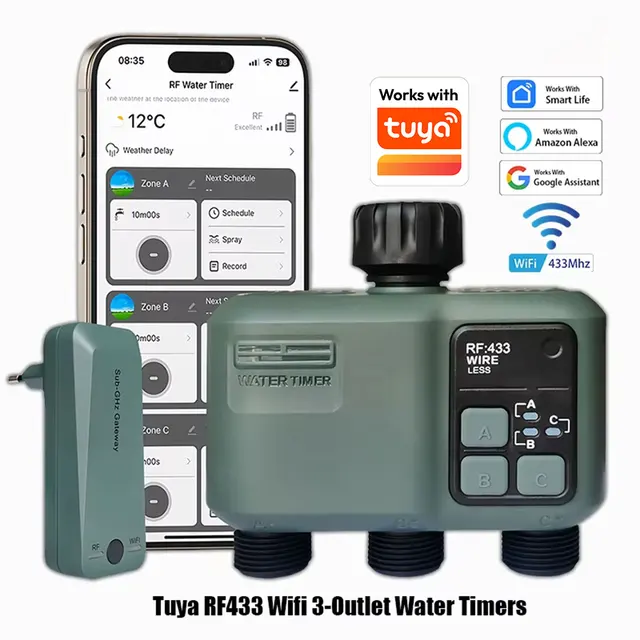 2025 Tuya Wifi+RF433 smart Garden Sprinkler Water Timer by 3 Way Rain Delay Filter Programmable Automatic Irrigation Controller