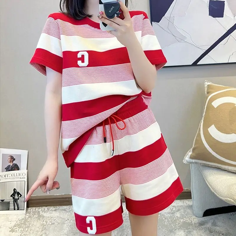 Streetwear Striped Letter Matching Sets Summer Stylish Round Neck Women's Clothing Loose Patchwork Casual Drawstring Short Sets