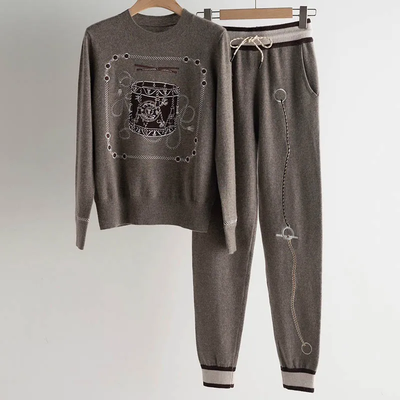 

12.14 Women High Quality Cashmere Knitted Set Embroidery Round Neck Long Sleeve Pullover Sweater Or Drawstring Pants