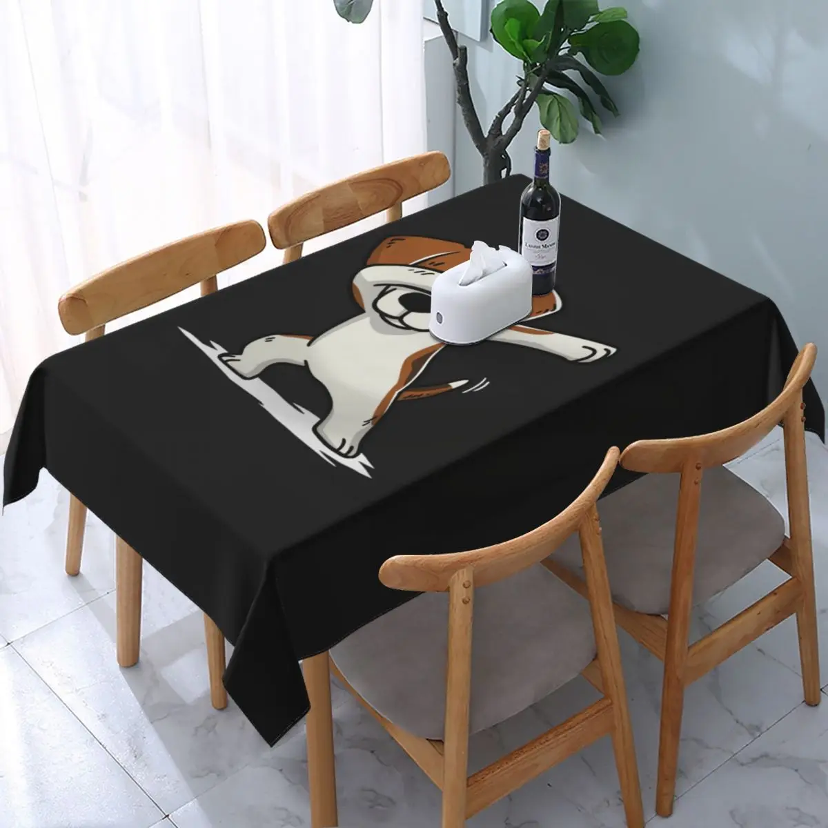 

Rectangular Fitted Dabbing Beagle Table Cloth Oilproof Tablecloth 45"-50" Table Cover Backed with Elastic Edge