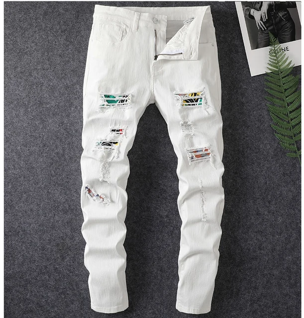 White ripped jeans men's 2024 hot spring and summer slim fit jeans